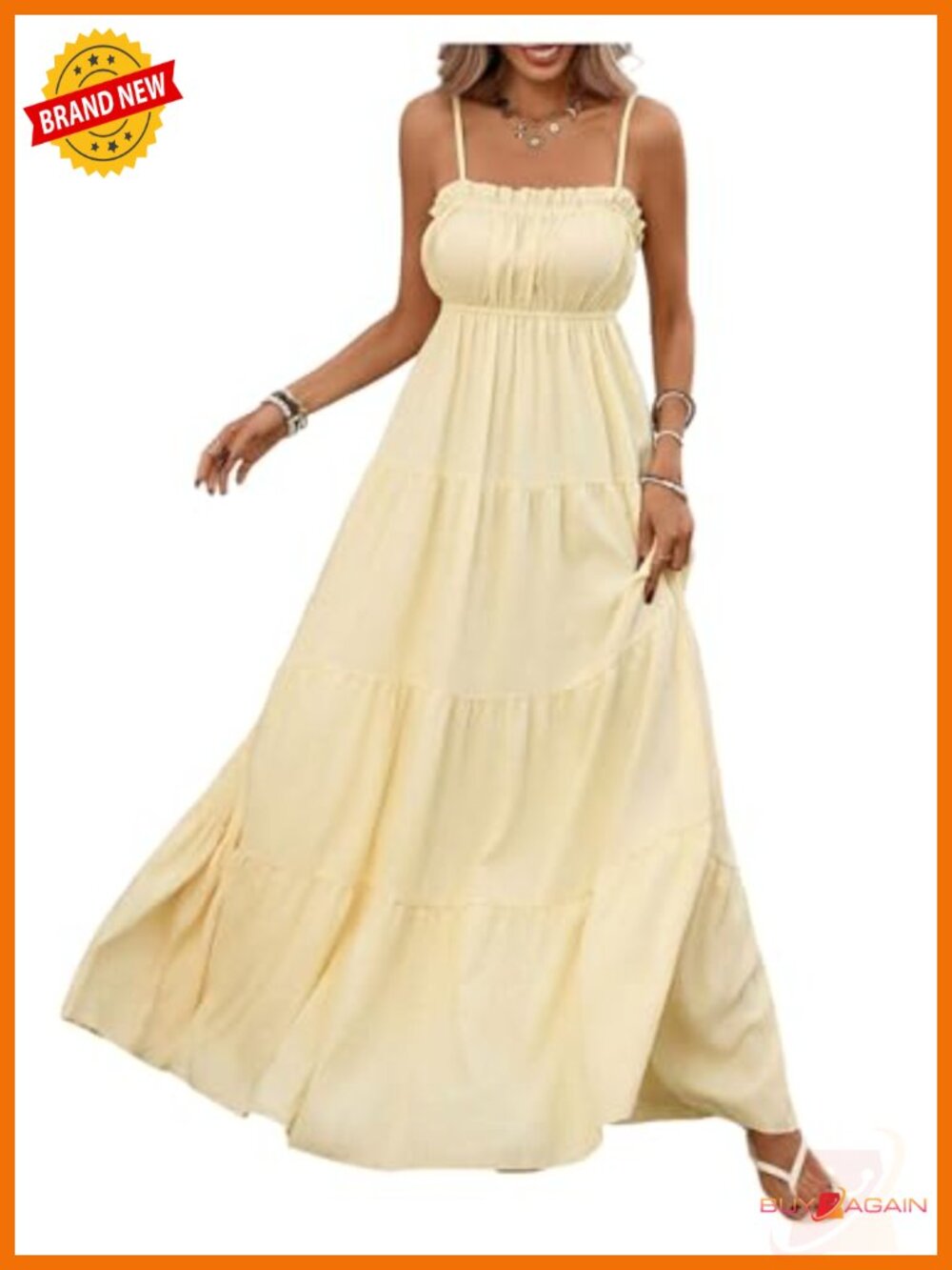 Women's Long Maxi Dress Flowy Ruffle Hem Spaghetti Strap Beach Sundress
